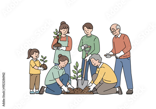 Diverse Family Members Engaged in Planting Young Saplings Together Outdoors Creating New Growth for a Greener Future Landscape