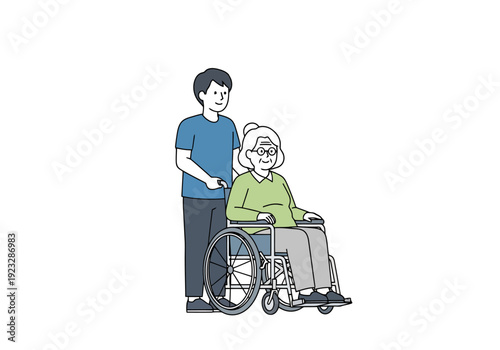 Young Adult Man Assists Elderly Woman Sitting In A Wheelchair Providing Support And Care With Gentle Companionship And Kindness Showing Empathy And