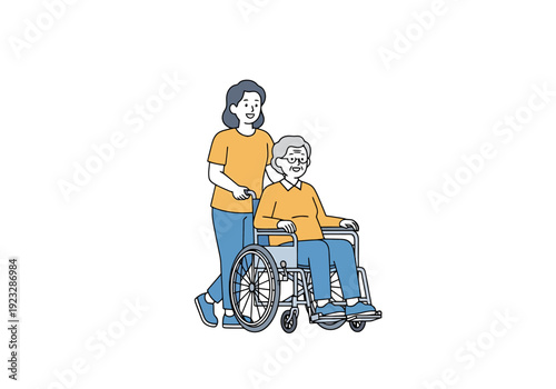 Caring individual assists elderly person in wheelchair moving outdoors with gentle support and companionship during a sunny day scene