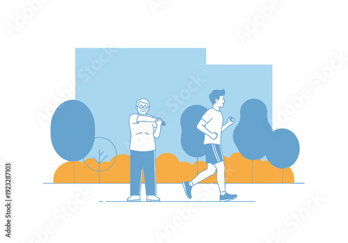 Active seniors and younger adults enjoying outdoor activities in a park setting with trees and buildings in the background wellness recreation