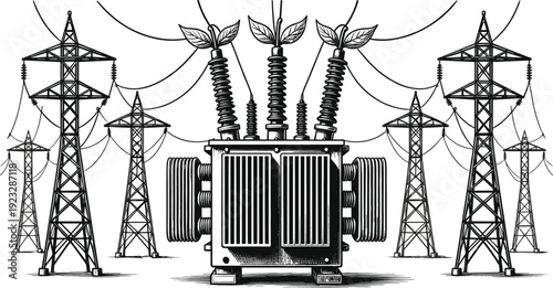 High Voltage Electric Transformer and Transmission Towers with Green Leaves Vector Illustration for Renewable Clean Energy Sustainable Power Grid and Eco Friendly Industry Concepts