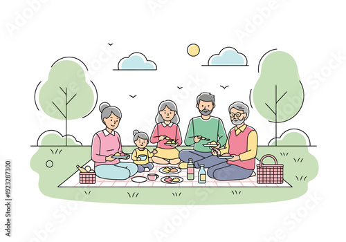 Generations Enjoying Outdoor Picnic Together Under Sunny Skies With Trees And Clouds Above
