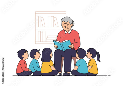 Elderly person shares engaging story from a book to a group of attentive young learners gathered around in a classroom setting for early education