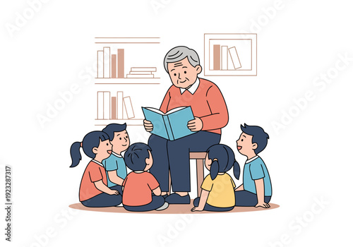 Elderly Male Educator Shares Story Book With Young Children Group Sitting Indoors Library Cozy Learning Environment