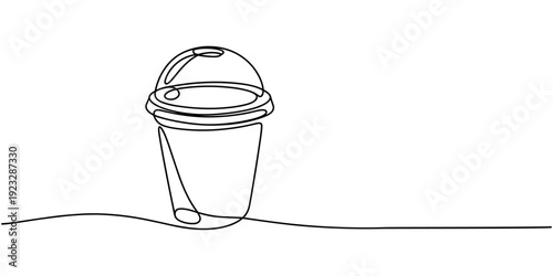 Plastic cup with dome lid continuous one line drawing, Cup with dome. Icon on Red background with shadow, Single line drawing of a hand holding a cup of iced coffee. Clear plastic cup with sphere