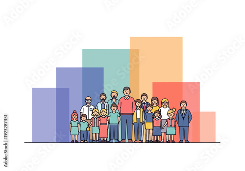 Diverse Group of People Standing Together Against Colorful Bar Chart Background Representing Growth and Teamwork Concepts