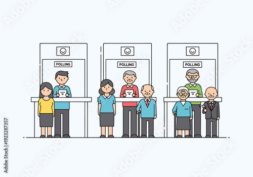 Diverse citizens casting ballots at election polling stations with voting booths representing democratic participation and civic duty