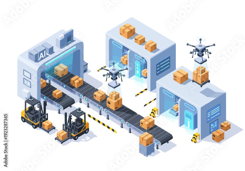 Automated warehouse facility with robotic forklifts and drones managing package delivery on a conveyor belt system viewed from above