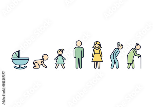 Human Being Life Cycle Stages From Infancy Through Old Age Represented With Simple Icons Showing Growth And Development Over Time Seamless Transition
