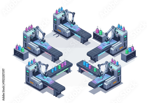 Industrial machines with robotic arms processing materials in a circular formation viewed from above