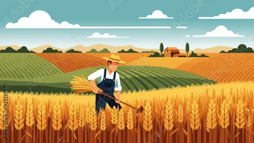 Farmer harvesting wheat in a golden field.