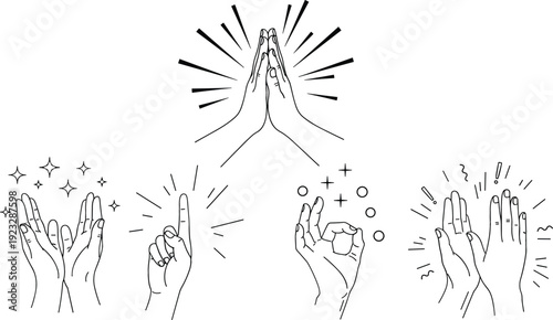 Set of line art hand gesture icons for applause celebration prayer and success communication concept illustration