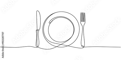 Minimalist continuous one line drawing of a plate fork knife and spoon isolated on white background vector illustration. One continuous line art drawing of fork, spoon and plate design