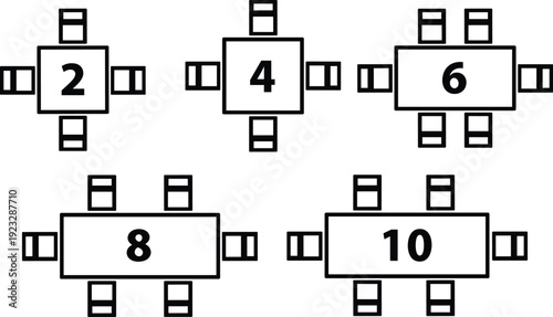 Vector icon set of restaurant table seating arrangements for two four six eight and ten people