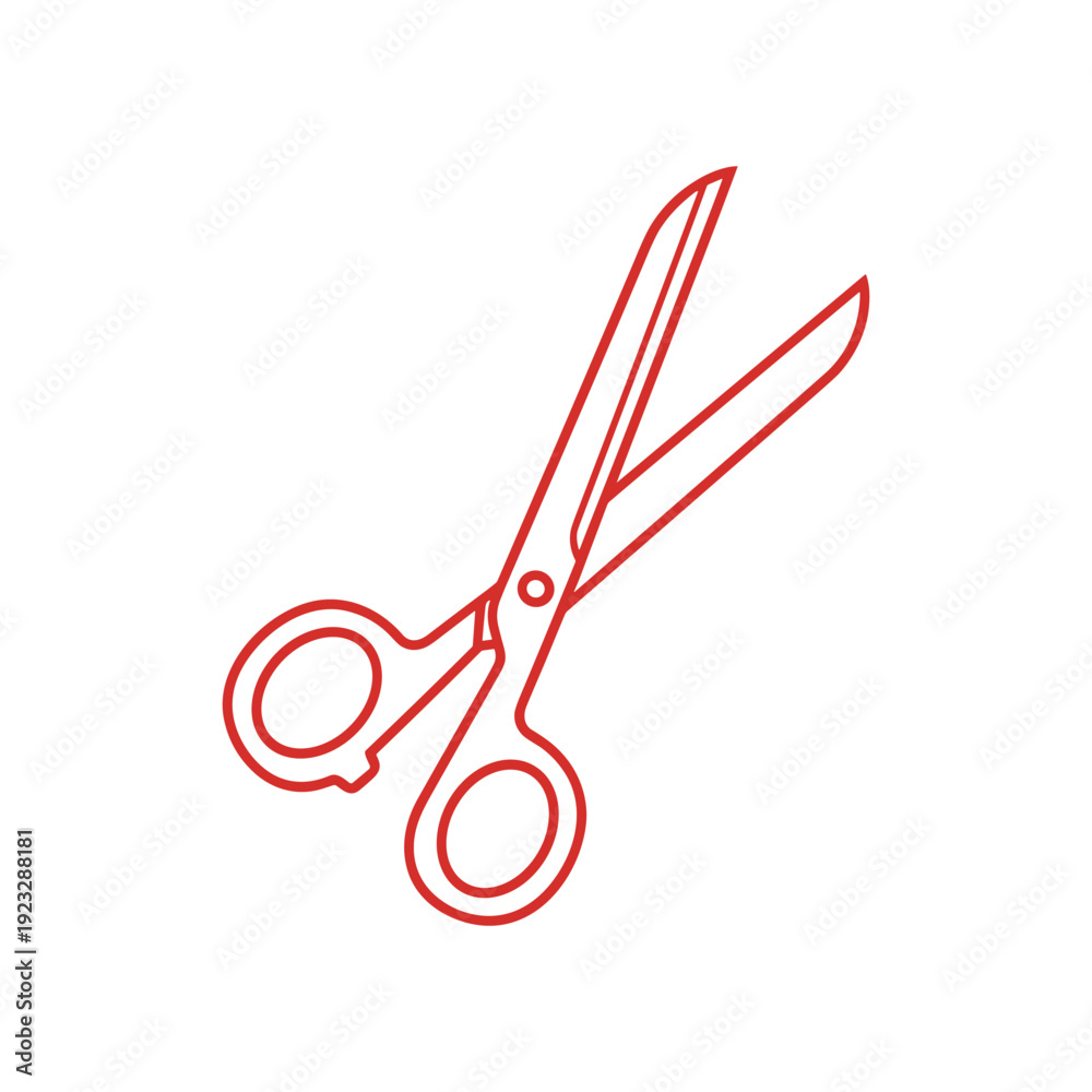 Fototapeta premium Red outline scissors illustration on white background for cutting and crafting.