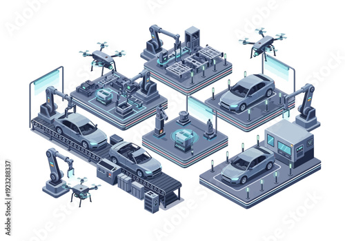Industrial robots and drones working together in a futuristic factory setting with various machines and equipment on display from an isometric viewpoint.