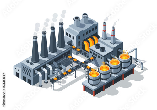 Industrial Facility Illustration with Furnaces and Smokestacks from an Isometric Viewpoint