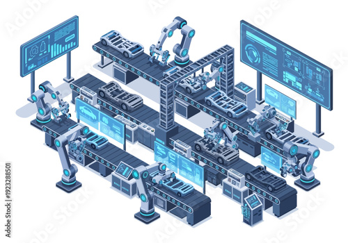 Industrial automation scene with robotic arms and digital screens in a futuristic factory setting viewed from above