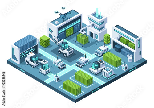 Isometric illustration of a futuristic industrial facility with machinery and green boxes viewed from above
