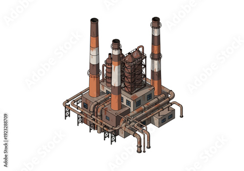 Industrial facility with pipes and chimneys viewed from above, showcasing complex infrastructure and industrial equipment in a detailed illustration