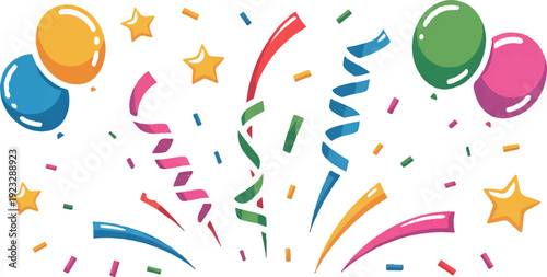 Vibrant cartoon celebration elements with balloons streamers and confetti on white background
