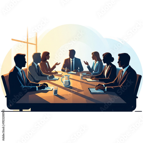 Corporate Conclave: An illustration of a business conference, with a diverse group of professionals engaged in a meeting around a polished table, discussing strategies and ideas.