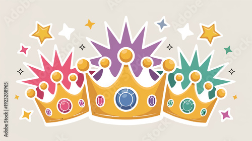 Three colorful cartoon crowns with jewels and stars on a beige background for celebration