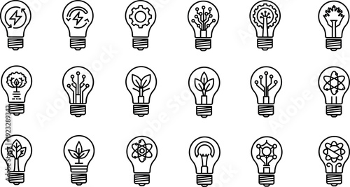 Light bulb idea and innovation outline icon set featuring creativity, technology, energy, ecology, science, and smart thinking concepts in clean minimal vector style