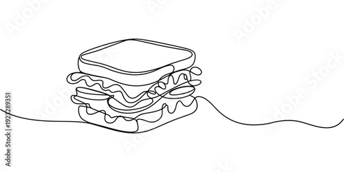 One continuous line drawing of fresh delicious sandwich restaurant, Fast food cafe shop concept. Modern single line draw design, vector graphic illustration.