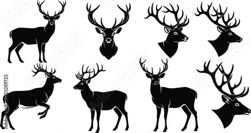 Deer silhouettes with antlers in various poses, wildlife illustration, hunting icons, animal profiles, forest design elements, vector collection