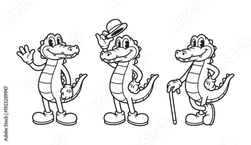 crocodile cartoon mascots featuring walking and friendly poses