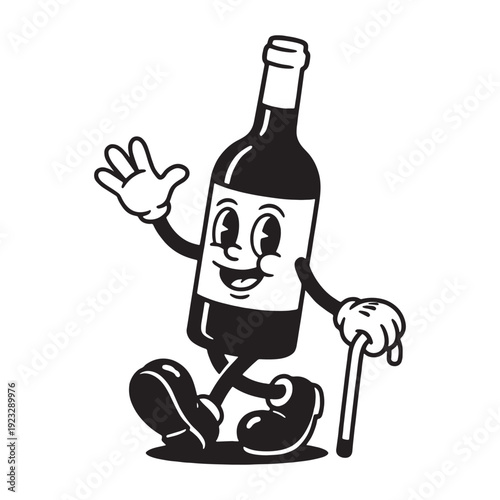 bottle cartoon mascot leaning on a cane with a friendly wave.