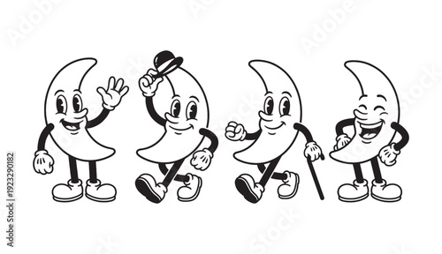 crescent moon cartoon character set with expressive faces