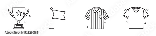 Essential sports and competition line icons featuring a shining victory trophy, waving goal flag, striped referee shirt, and player jersey perfect for applications and event promotions