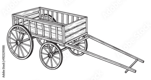 Old fashioned rustic wooden cart with spoked wheels and a long handle suitable for historical farm themed projects or transportation logistics concepts