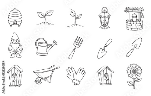 A collection of hand drawn gardening tools, plants, and garden decorations perfect for spring themed educational materials, hobby craft projects, and nature related publications.