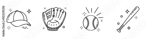 Collection of engaging baseball equipment line icons featuring a cap, glove, ball, and bat, perfect for sportsthemed applications, educational materials, and marketing visuals