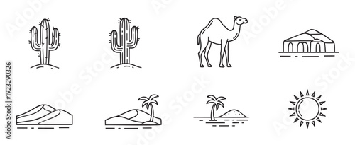 Vibrant desert environment visuals perfect for travel blogs and educational materials featuring essential nature elements like cacti, camels, dunes, oases, and sun icons