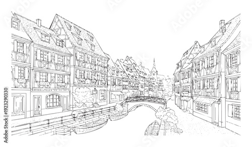 Quaint canal village scene with traditional timber frame buildings and a charming bridge, perfect for travel advertisements or historical themed publications