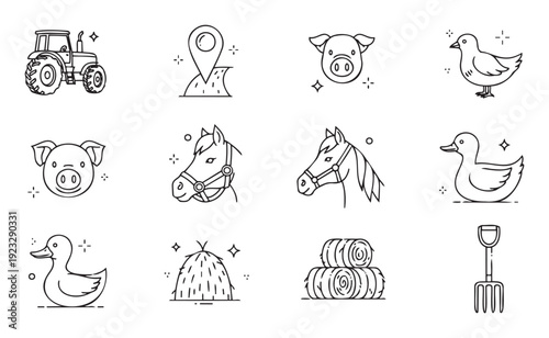 Collection of stylized farming and agriculture related line icons including tractor, horse, pig, duck, bird, hay, and pitchfork suitable for educational materials and application interfaces