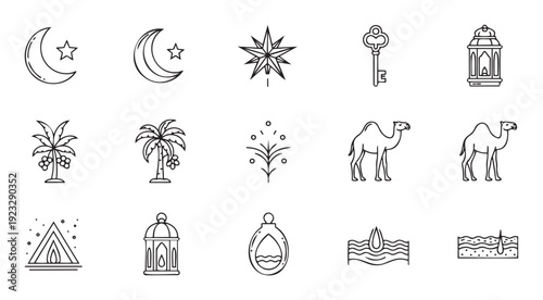 Collection of outline icons featuring crescent moon and star, old key, oriental lanterns, desert palm trees, camels, and natural elements for web, app, and print graphic assets