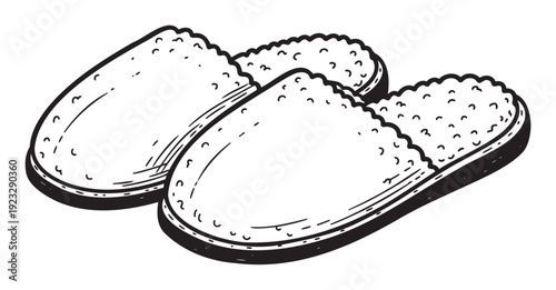 Comfortable fluffy house slippers in a clean black and white line drawing style, perfect for cozy home decor, lifestyle blogs, or product packaging designs.