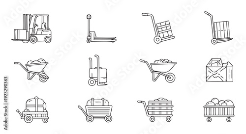 Collection of linear icons representing material handling equipment like forklifts, hand trucks, wheelbarrows, and industrial carts, ideal for logistics, warehouse, or agricultural themed