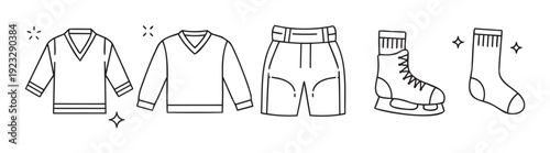 Collection of outlined winter sports and casual apparel including sweaters, shorts, ice skate, and sock, suitable for educational materials or seasonal graphic elements.