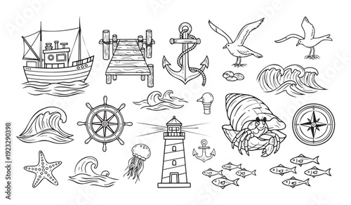 Comprehensive ocean theme black and white line drawings including a fishing boat, lighthouse, anchors, waves, seabirds, and marine animals ideal for educational resources and decorative