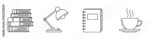 Essential study supplies including neatly stacked books an adjustable desk lamp a practical spiral notebook and a steaming hot cup of coffee ideal for educational marketing materials and