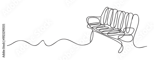 Elegant single line depiction of a classic outdoor seating bench extending with a wavy ground line, ideal for modern graphic design, brochure covers, or architectural presentations and