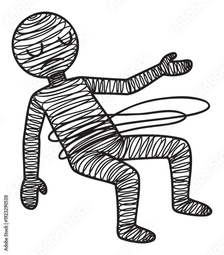 Abstract person made from scribbled lines floating peacefully with an open hand, suitable for themes of freedom, relaxation, or spiritual imagery.