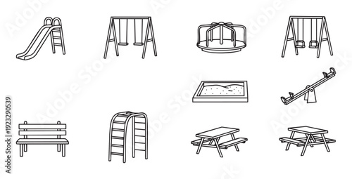 A collection of outlined playground equipment and park furniture icons for childrens outdoor recreation areas, suitable for educational materials or community planning projects and leisure
