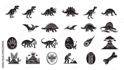 Set of dinosaur silhouettes and ancient life related glyph icons perfect for educational content kids activities museum displays and historical documentaries